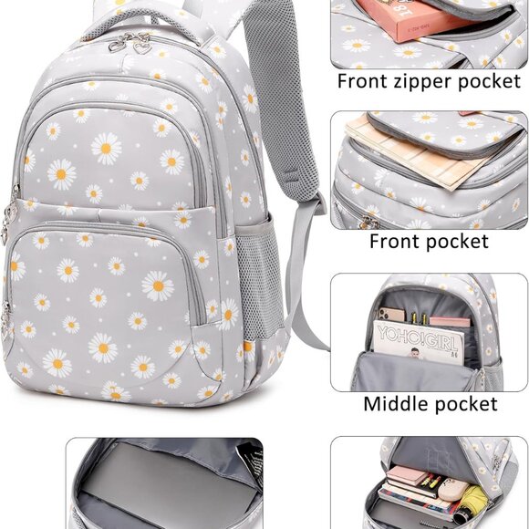 Createy Girls Daisy Backpack, Lunch Box, Pencil Case 3Pcs Black or Gray - Picture 10 of 15